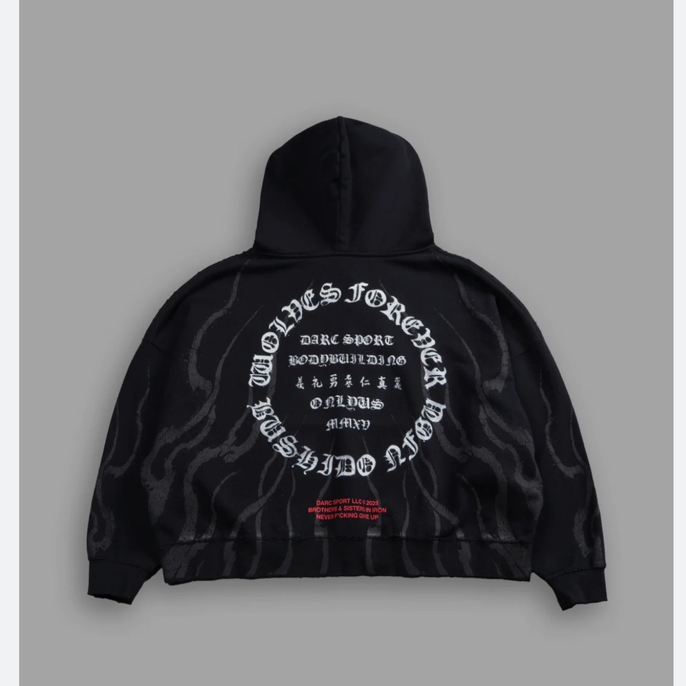 Darc Sport Warrior’s Fire Destroyed Grunge Gage Box Cut Hoodie – Black– Size 3XL